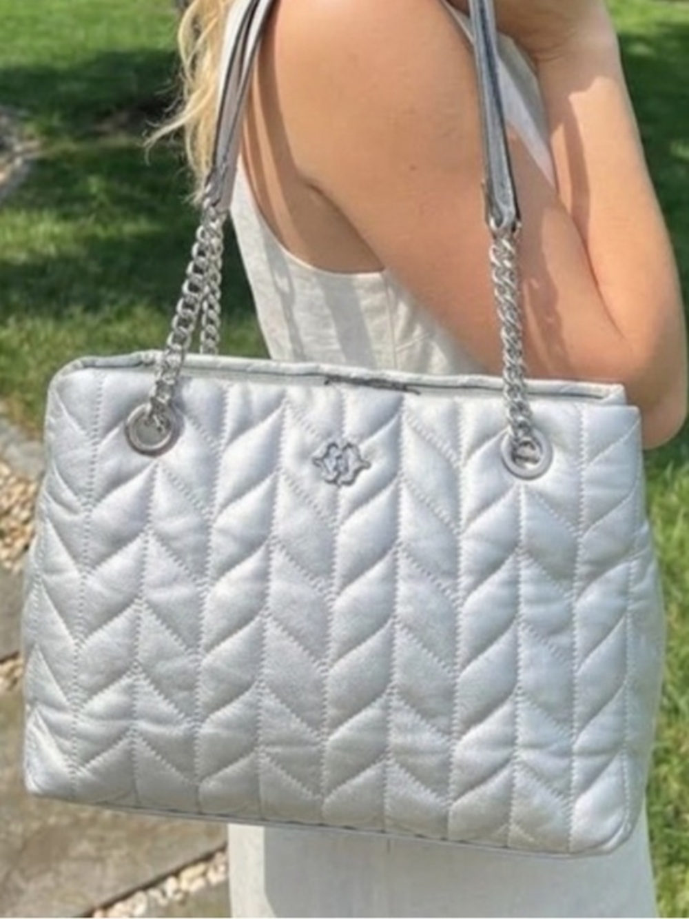 Nanette Lepore Quilted Silver Shoulder Bag with Chain Straps